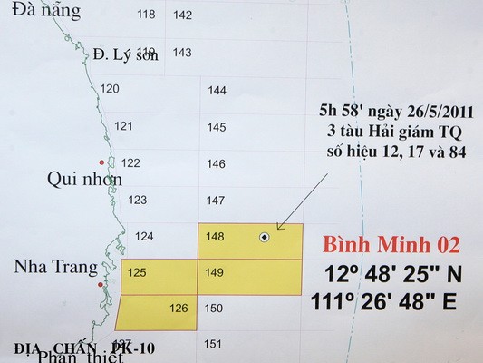 Vị trí các tàu hải giám Trung Quốc vi phạm chủ quyền Việt Nam và cắt cáp của tàu Bình Minh 02 ngày 26/5/2011. (Nguồn: TTXVN)